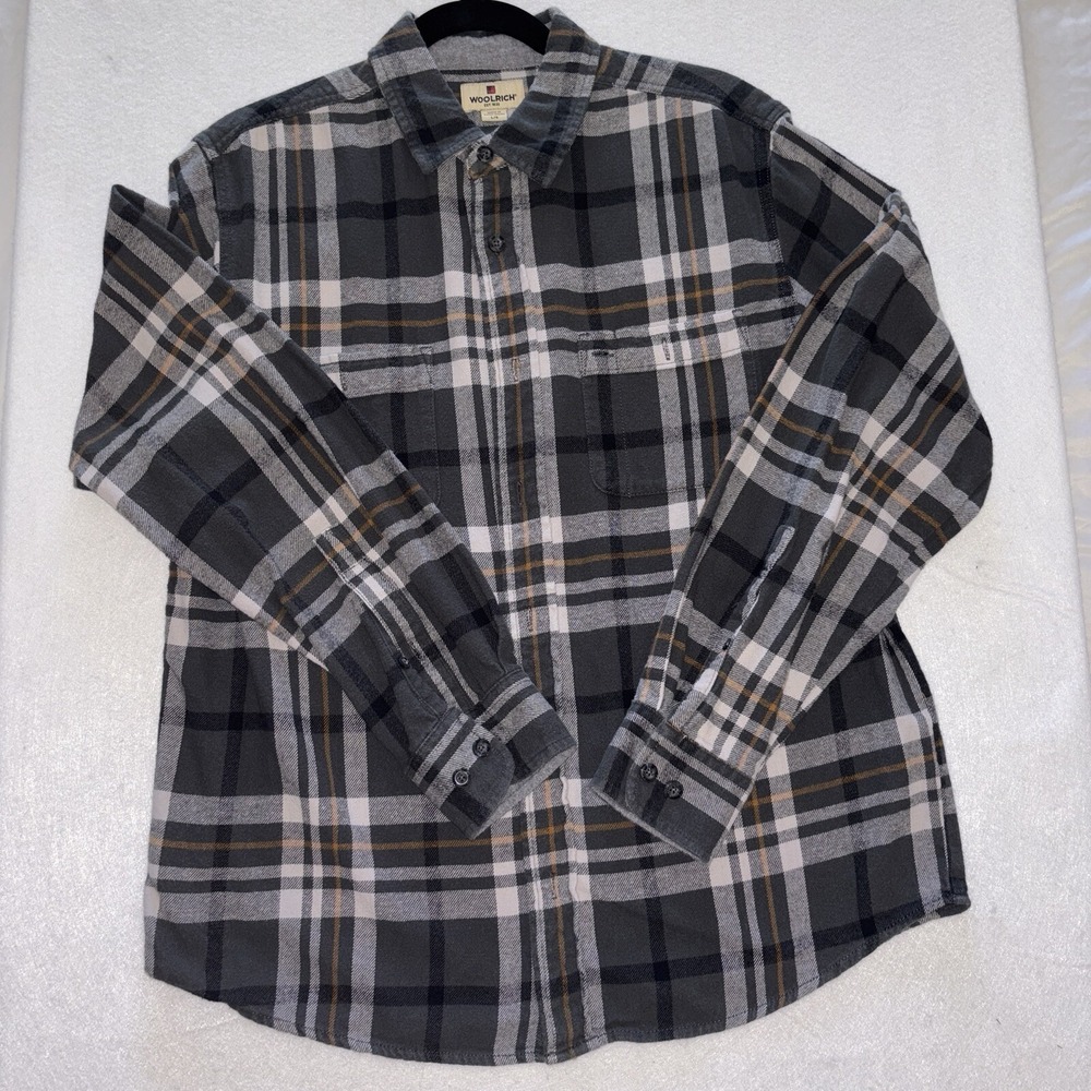 Woolrich Buffalo Plaid Flannel Shirt Men's Large Black Grey Tan - Picture 7 of 12